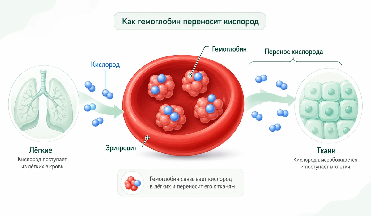 Как гемоглобин внутри эритроцитов переносит кислород от лёгких к тканям