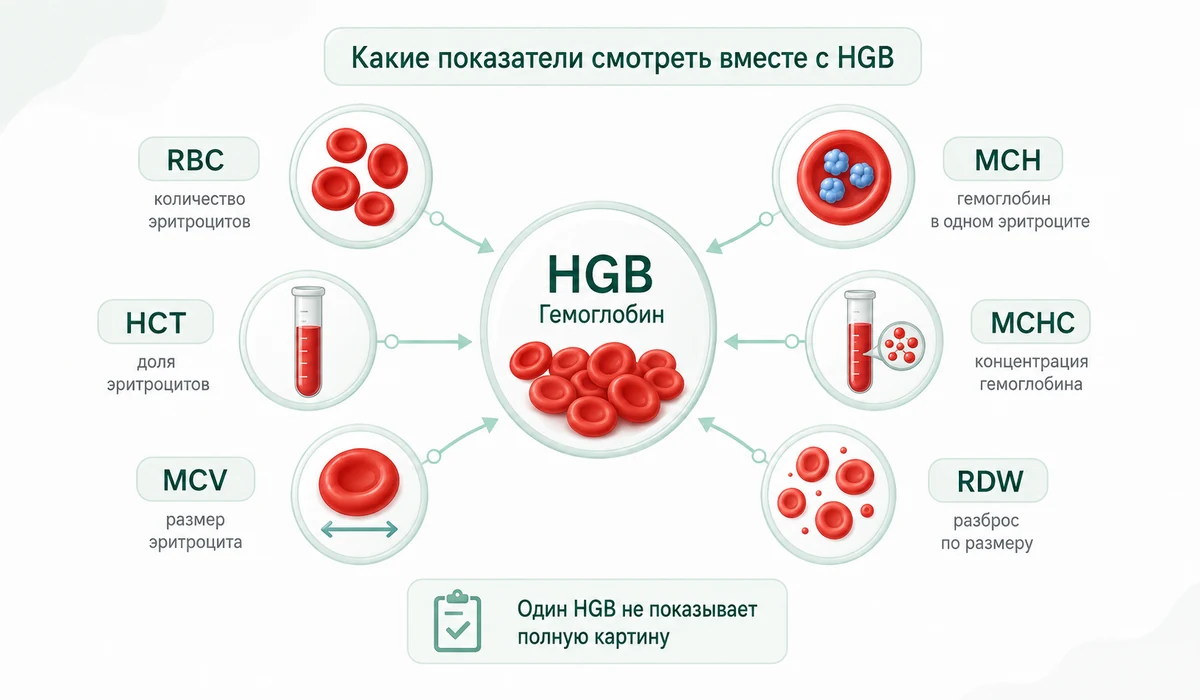 Показатели RBC, HCT, MCV, MCH, MCHC и RDW, которые оценивают вместе с гемоглобином