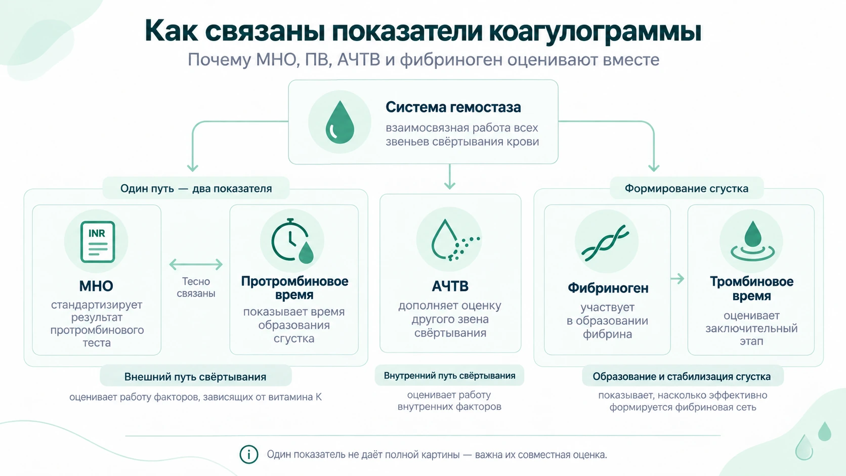Связь МНО, протромбинового времени, АЧТВ и фибриногена в коагулограмме