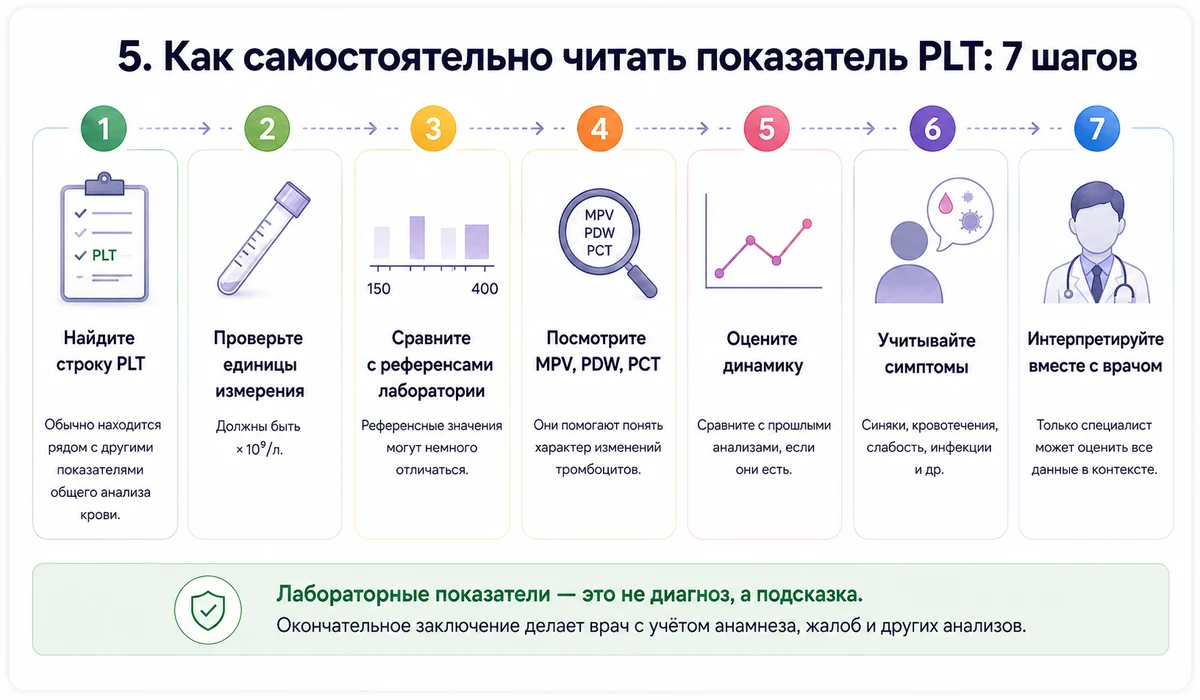Как самостоятельно читать показатель PLT в общем анализе крови: 7 шагов