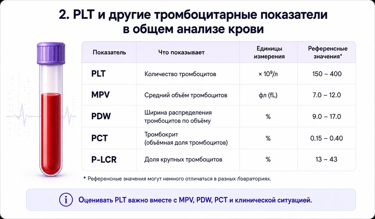 Основные тромбоцитарные показатели PLT, MPV, PDW, PCT и P-LCR в общем анализе крови